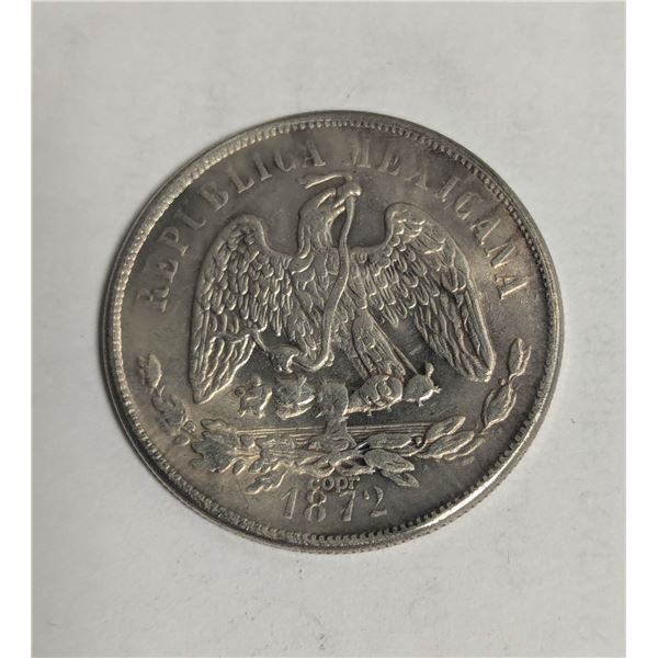 1872 MEXICO ONE PESO COIN, STAMPED COPY