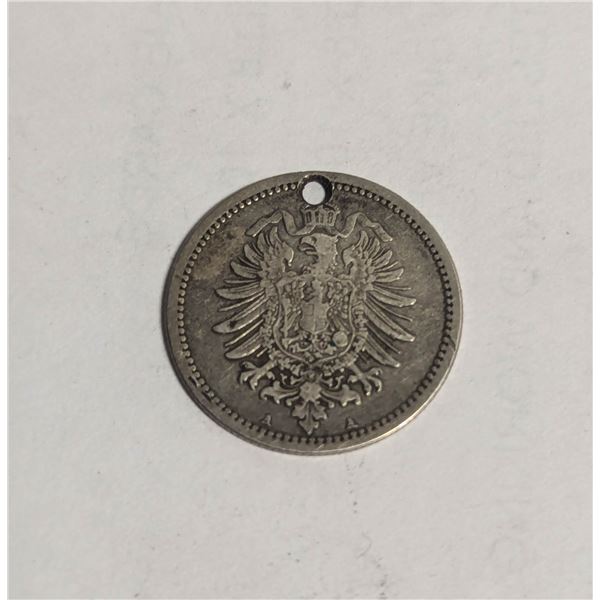 1877 SILVER PRUSSIAN 50 PFENNIG COIN, HOLED