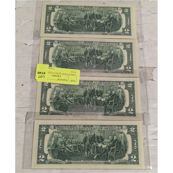 4 MINT US $2 NOTES CONSECUTIVE SE#S