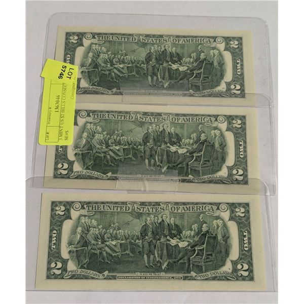 3 MINT US $2 BILLS CONSECUTIVE SE#S
