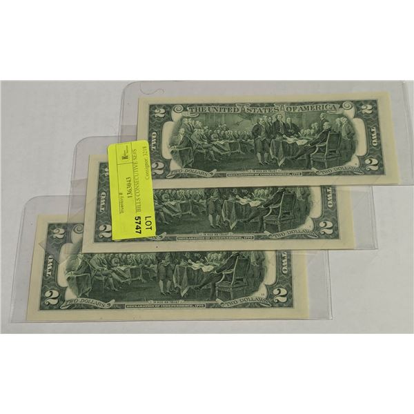 3 US $2 BILLS CONSECUTIVE SE#S