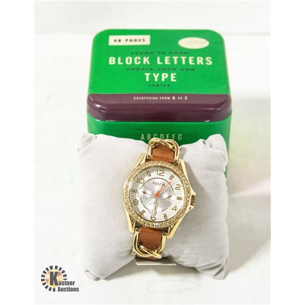 FOSSIL LADIES WATCH W/ LEATHER BAND, 39MM CASE