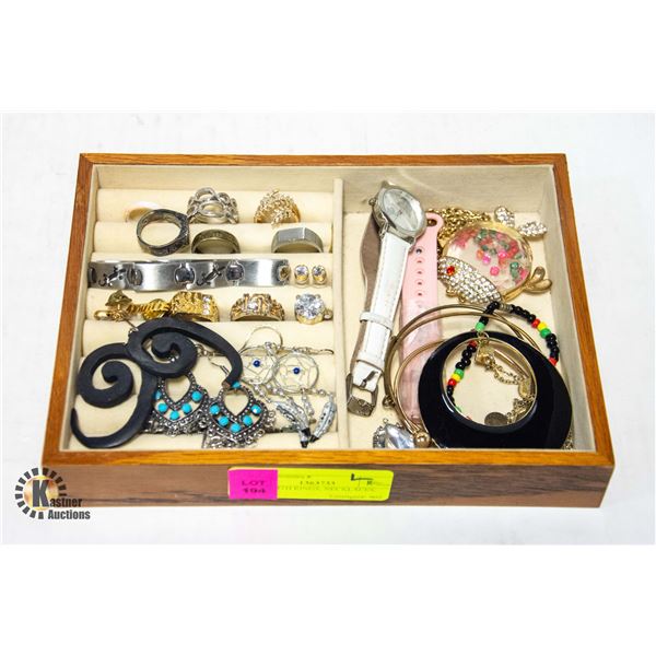 TRAY WITH RINGS, NECKLACES, WATCH,