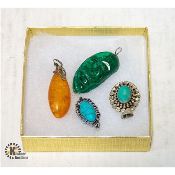 LOT OF 4 PENDANTS RUSSIAN JADE, ARTIFICIAL AMBER,