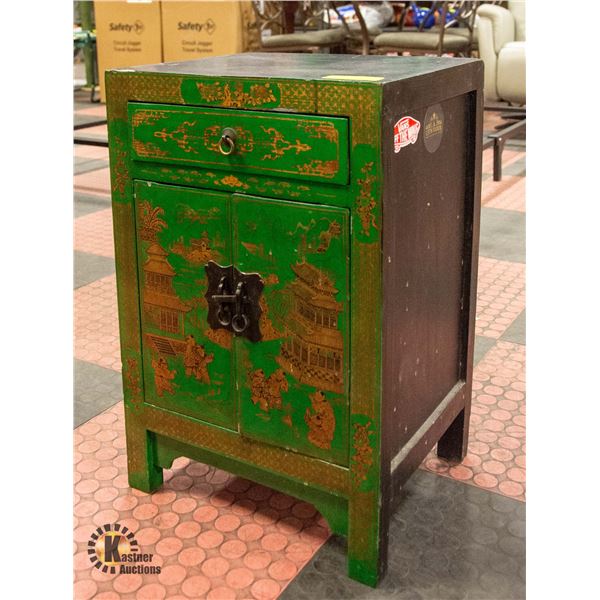 CURIO CABINET WITH ASIAN DESIGN AND DRAWER,