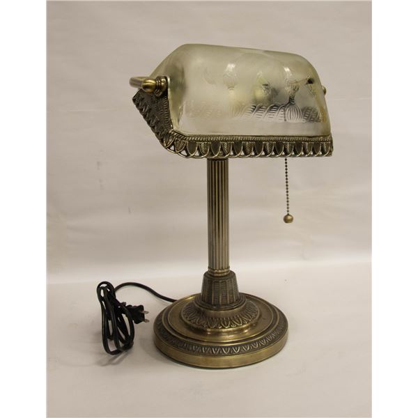 ORNATE BANKERS STYLE BRASS AND GLASS LAMP