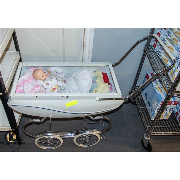 1960'S BABY DOLL STROLLER WITH DOLL & CLOTHING