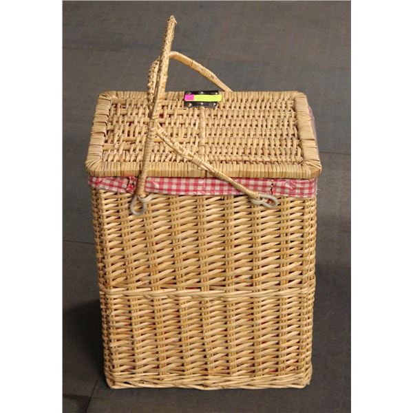 WICKER PICNIC BASKET - INCLUDES TABLE CLOTH,