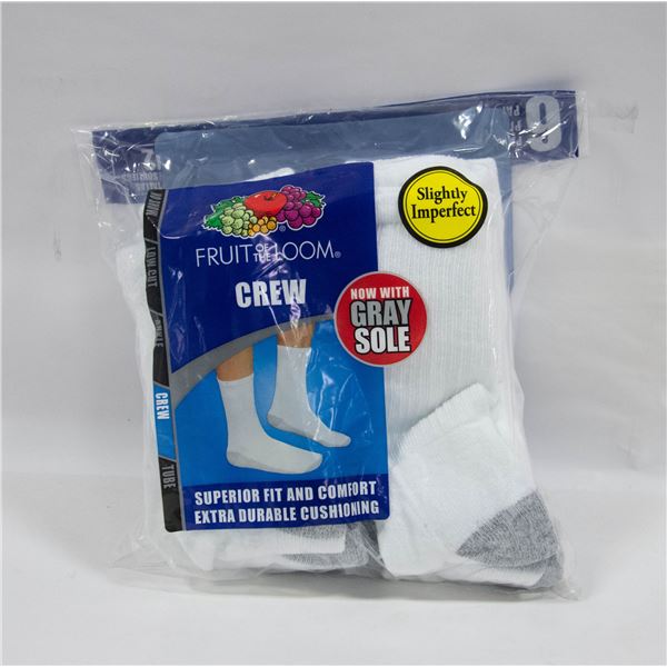 WHITE CREW SOCKS 6-12 SIZE 6-PACK FRUIT OF LOOM