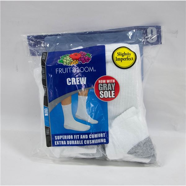 WHITE CREW SOCKS 6-12 SIZE 6-PACK FRUIT OF LOOM
