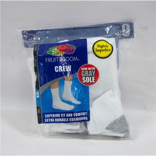 WHITE CREW SOCKS 6-12 SIZE 6-PACK FRUIT OF LOOM