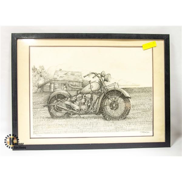 SIGNED INDIAN MOTORCYCLE ART FRAMED
