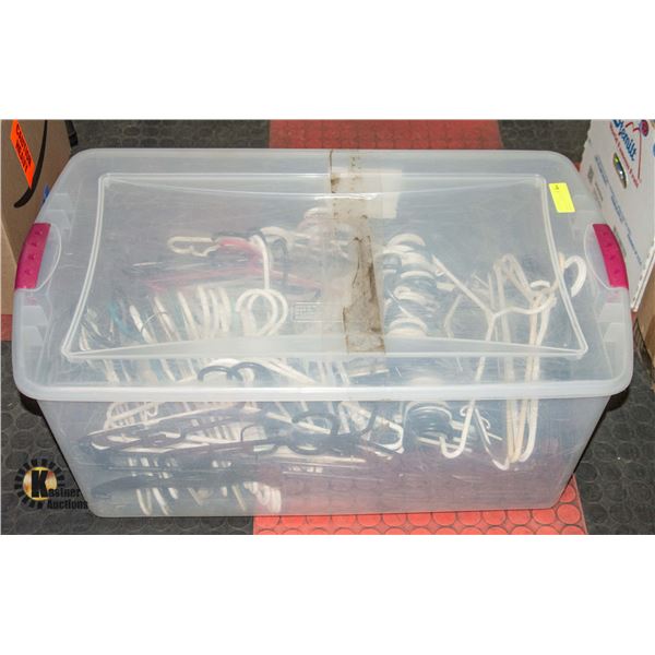 LARGE CLEAR BIN FULL OF HANGERS