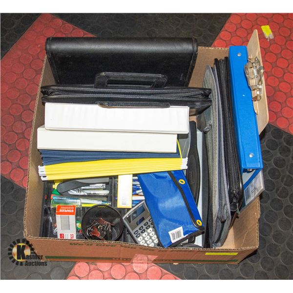 LARGE BOX OF OFFICE SUPPLIES INCL. LEATHER