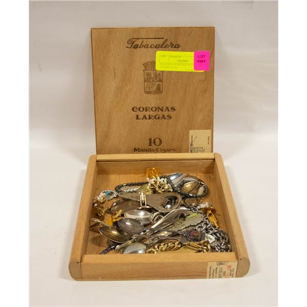 WOODEN CIGAR BOX W/ ESTATE JEWERLY ETC