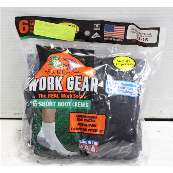 SHORT BLACK BOOT CREW SOCKS 12-16 SIZE 6-PACK