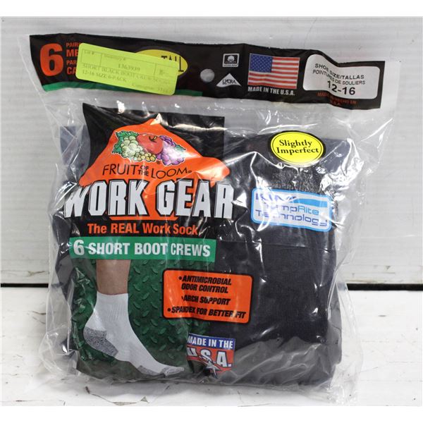 SHORT BLACK BOOT CREW SOCKS 12-16 SIZE 6-PACK