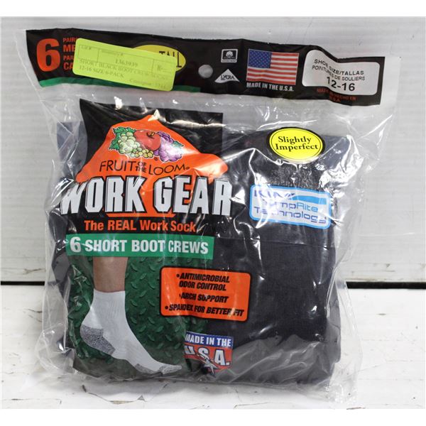 SHORT BLACK BOOT CREW SOCKS 12-16 SIZE 6-PACK