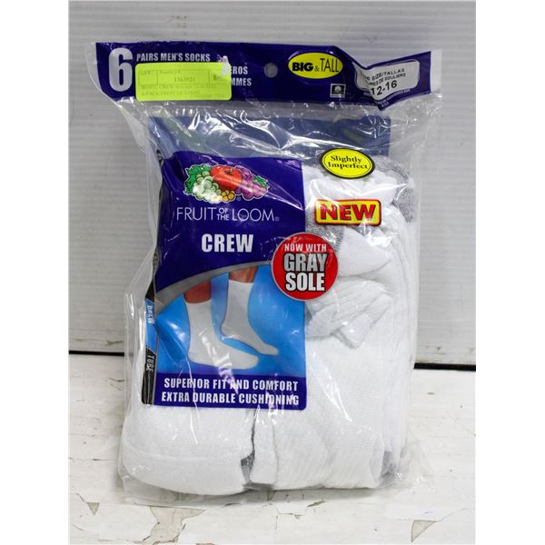 WHITE CREW SOCKS 12-16 SIZE 6-PACK FRUIT OF LOOM