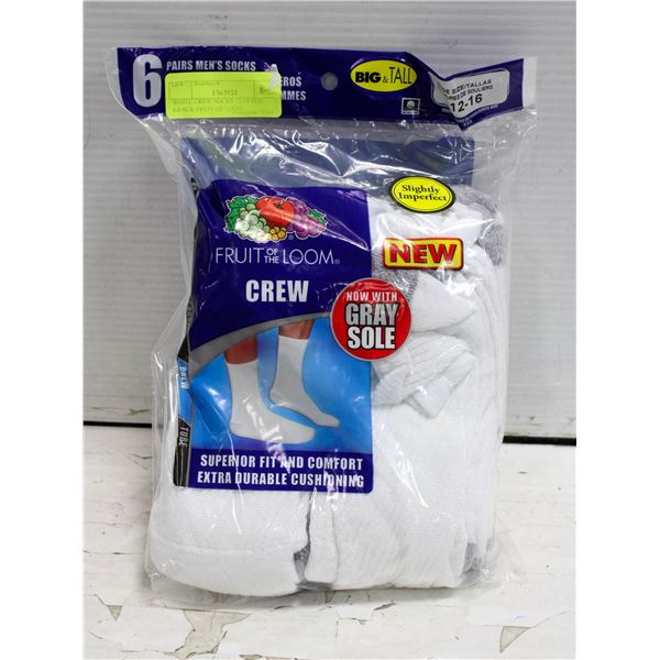WHITE CREW SOCKS 12-16 SIZE 6-PACK FRUIT OF LOOM