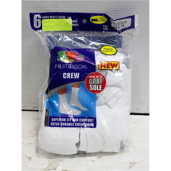 WHITE CREW SOCKS 12-16 SIZE 6-PACK FRUIT OF LOOM