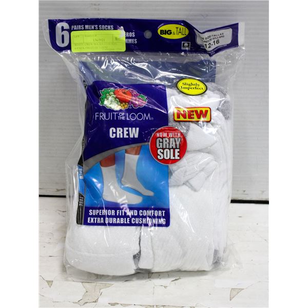 WHITE CREW SOCKS 12-16 SIZE 6-PACK FRUIT OF LOOM