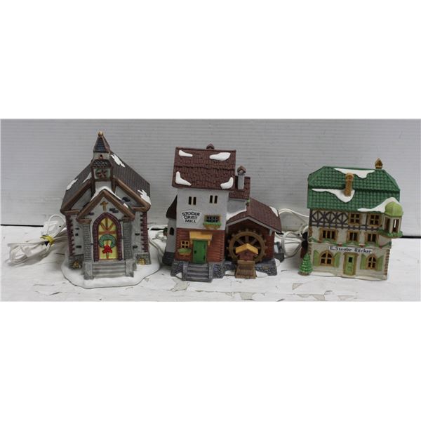 3 PCS XMAS PORCELAIN VILLAGES HOUSES WORKING