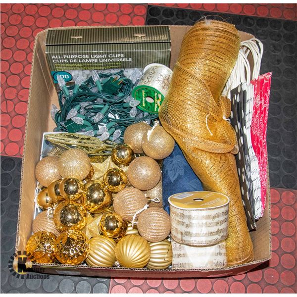 BOX WITH COLLECTION OF GOLD TREE DECOR,