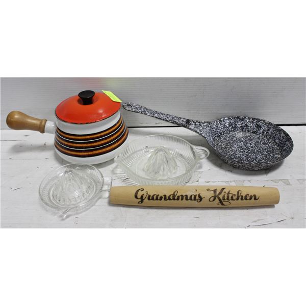 ESTATE ENAMEL PANS, PYREX JUICERS, GRANDMAS