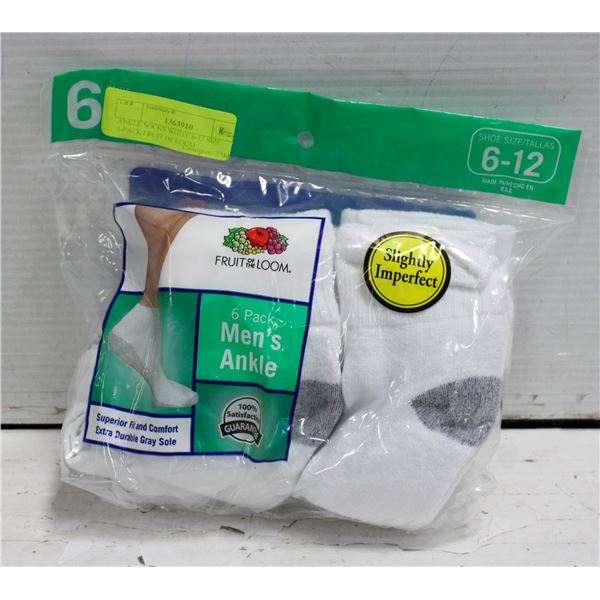 ANKLE SOCKS WHITE 6-12 SIZE 6-PACK FRUIT OF LOOM