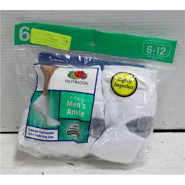 ANKLE SOCKS WHITE 6-12 SIZE 6-PACK FRUIT OF LOOM