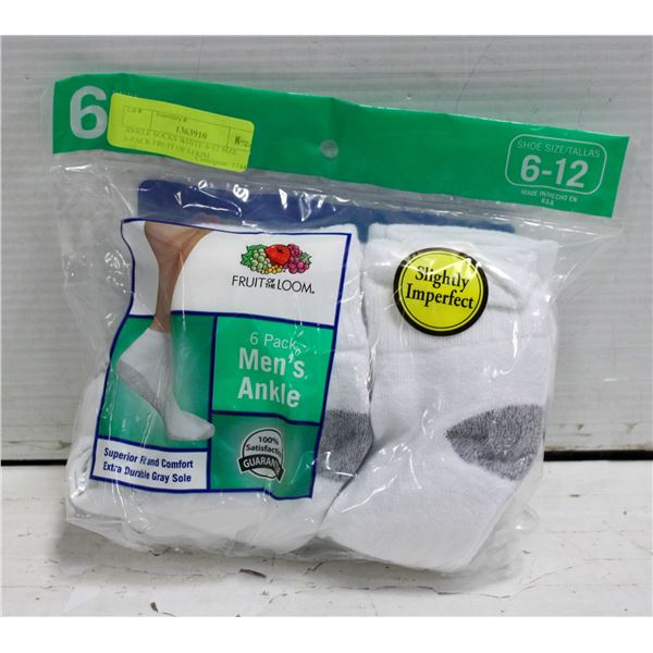 ANKLE SOCKS WHITE 6-12 SIZE 6-PACK FRUIT OF LOOM