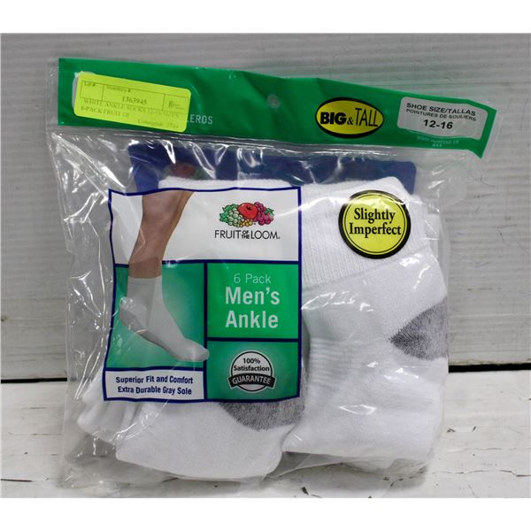 WHITE ANKLE SOCKS 12-16 SIZES 6-PACK FRUIT OF