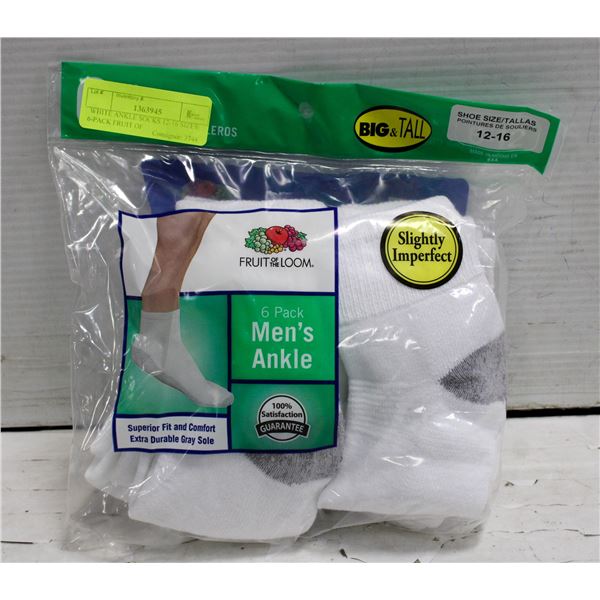 WHITE ANKLE SOCKS 12-16 SIZES 6-PACK FRUIT OF