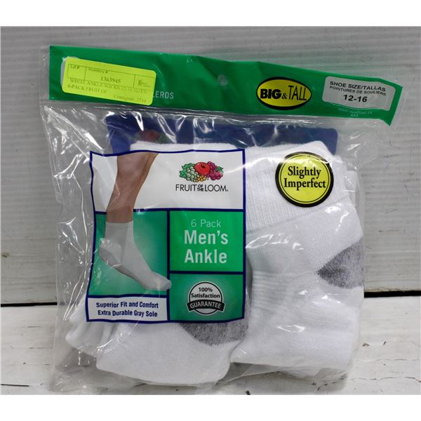WHITE ANKLE SOCKS 12-16 SIZES 6-PACK FRUIT OF