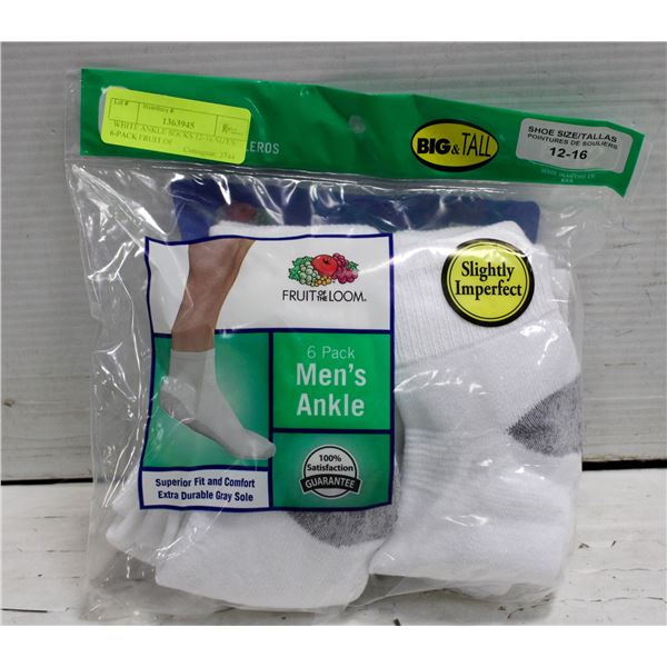 WHITE ANKLE SOCKS 12-16 SIZES 6-PACK FRUIT OF