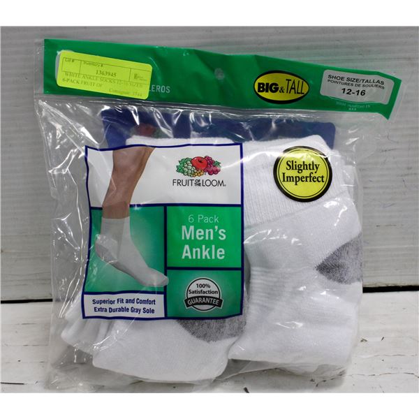 WHITE ANKLE SOCKS 12-16 SIZES 6-PACK FRUIT OF