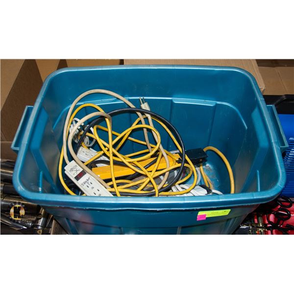 BIN OF ASSORTED CORDS AND EXTENSION CORDS