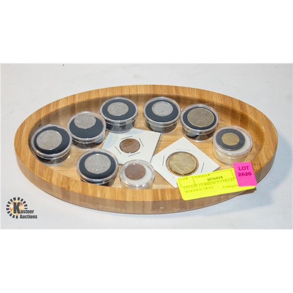 ESTATE CURRENCY COLLECTION ON WOODEN TRAY