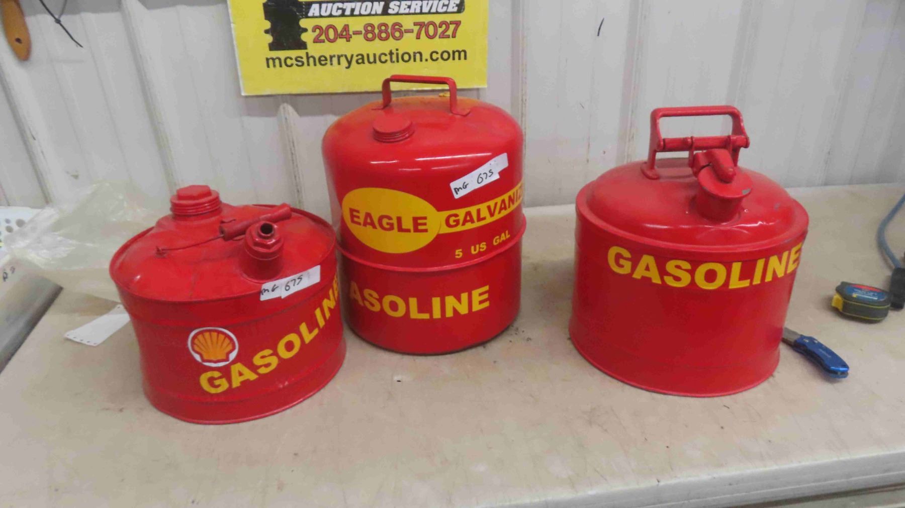 3 Gas Cans : Shell, Eagle, Gasoline - McSherry Auction Service Ltd.
