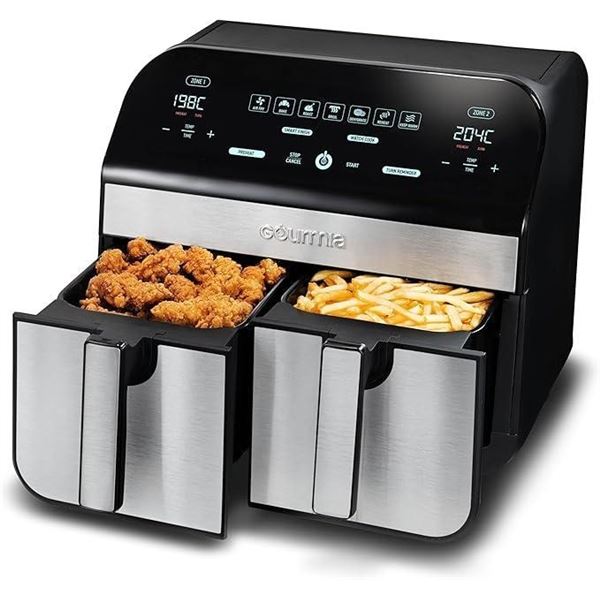 Gourmia 10-Quart/9.4 Liter Capacity Dual Basket Digital Air Fryer, with Smart Finish & 7 Cooking Fun