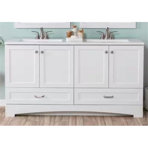 Glacier Bay Lancaster 60in Lancaster Double Sink Basin with white cultured Marble Top