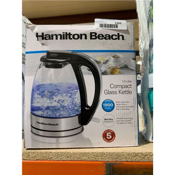 Hamilton Beach Compact Glass Kettle 1L, 1500w, Boil-Dry Protection,