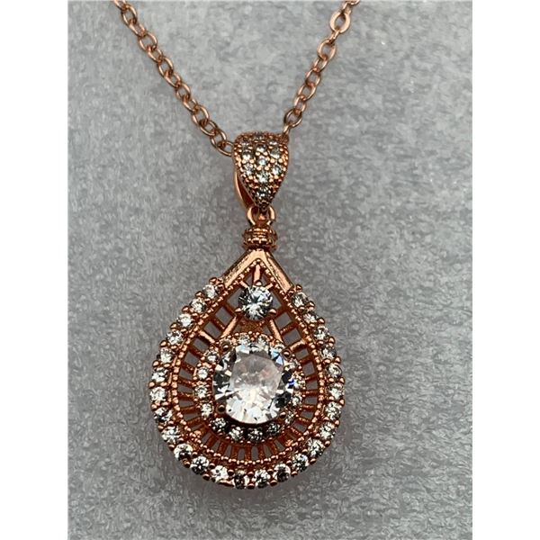 Rose Brilliant Cut Solitaire set in multi stone pear shape surround pendant and chain set