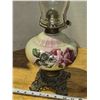Image 3 : Two oil lamps - Milk glass, w/ metal base & Clear glass - both with Chimney's