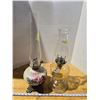 Image 6 : Two oil lamps - Milk glass, w/ metal base & Clear glass - both with Chimney's