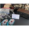 Image 1 : Misc. lot - Fanny pack, wine skin, aluminum scoops, crystal beads, GE clock radio