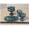 Image 1 : 4 Blue carnival glass wares - Goblet, wine glasses, and serving dish