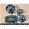Image 2 : 4 Blue carnival glass wares - Goblet, wine glasses, and serving dish