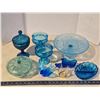 Image 1 : Collection of blue glass items - Candy dishes, cake platter, goblets, blue bird, etc.